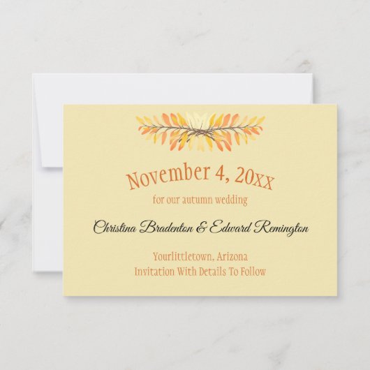 結婚式の日付を保ミニマル存する写真素朴葉の セーブザデート (裏面)