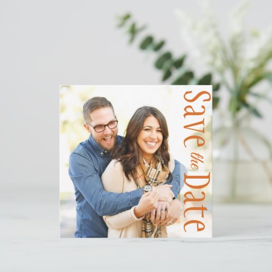 結婚式の日付を保ミニマル存する写真素朴葉の 案内状 (スタンド正面)