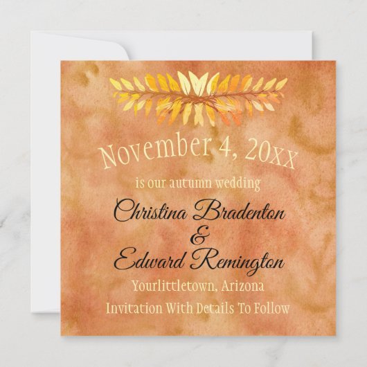 結婚式の日付を保ミニマル存する写真素朴葉の 案内状 (裏面)