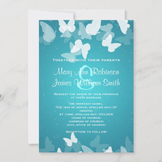 結婚式の日付を保存するとらえどころのない蝶ブルー セーブザデート (裏面)