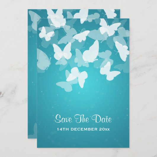 結婚式の日付を保存するとらえどころのない蝶ブルー セーブザデート (正面/裏面)