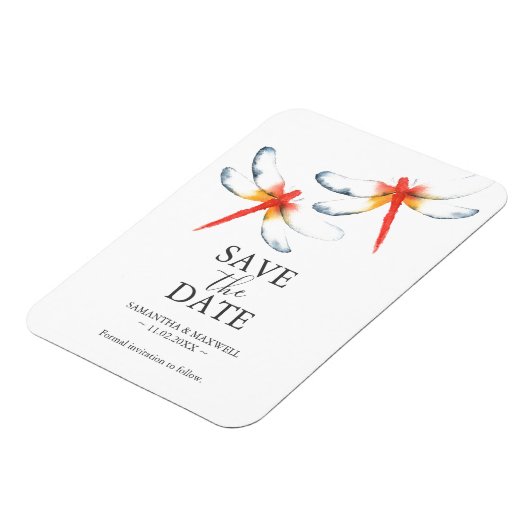 結婚式の日付を保存するマグネット赤いトンボ マグネット (左側)