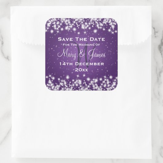 結婚式の日付を保存する冬の輝く紫 スクエアシール (バッグ)