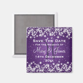 結婚式の日付を保存する冬の輝く紫 マグネット (正面/裏面)