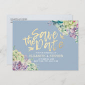 結婚式の日付を保存する水色の多肉植物 案内ポストカード (正面/裏面)