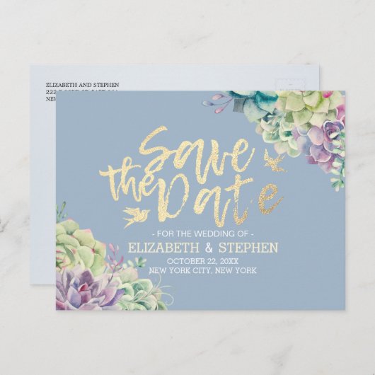 結婚式の日付を保存する水色の多肉植物 案内ポストカード (正面/裏面)