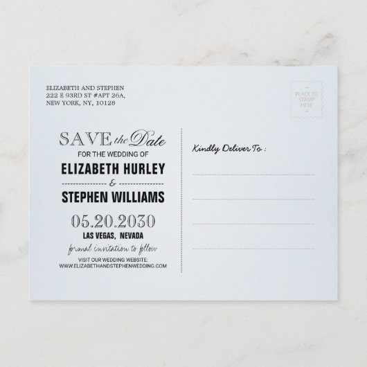 結婚式の日付を保存する水色の多肉植物 案内ポストカード (裏面)