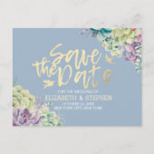 結婚式の日付を保存する水色の多肉植物 案内ポストカード (正面)