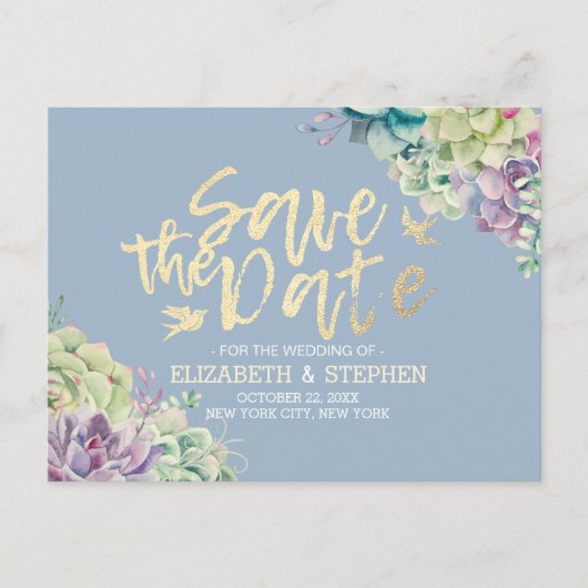 結婚式の日付を保存する水色の多肉植物 案内ポストカード (正面)