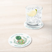 結婚式の日付を保存する熱帯フローラパイナップル ラウンドペーパーコースター (インサイチュ)