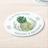 結婚式の日付を保存する熱帯フローラパイナップル ラウンドペーパーコースター (アングル)