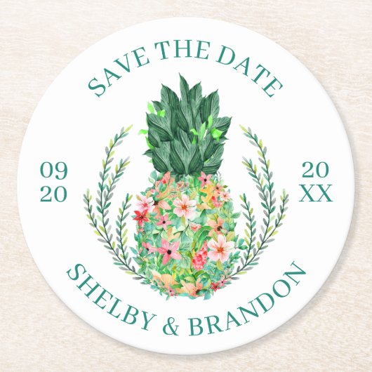 結婚式の日付を保存する熱帯フローラパイナップル ラウンドペーパーコースター (正面)