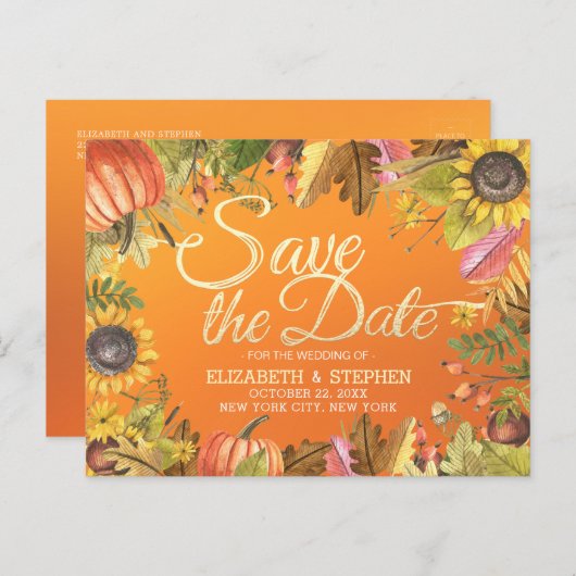 結婚式の日付を保存する秋のメープル葉カボチャンス 案内ポストカード (正面/裏面)