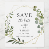 結婚式の日付を保存する緑のユーカリ ワインラベル (シングルラベル)
