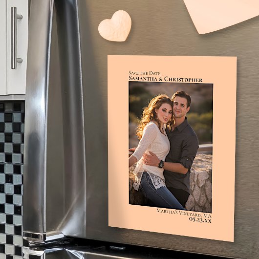 結婚式の日付を保存する縦型フォトコーラルピーチ マグネット招待状