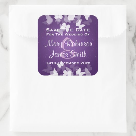 結婚式の日付を保存する隠れた蝶の紫 スクエアシール (バッグ)