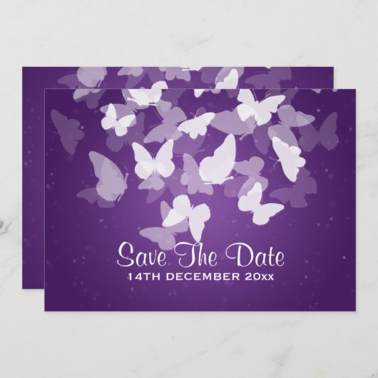 結婚式の日付を保存する隠れた蝶の紫 セーブザデート (正面/裏面)