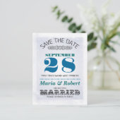 結婚式の日付を保存する青いヴィンテージポストカード 案内ポストカード (スタンド正面)