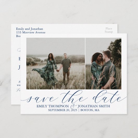 結婚式の日付を保存はがき2枚の写真ネイビー ポストカード (正面/裏面)