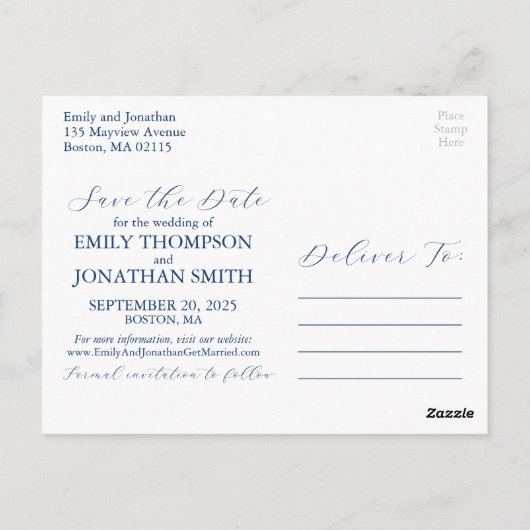 結婚式の日付を保存はがき2枚の写真ネイビー ポストカード (裏面)