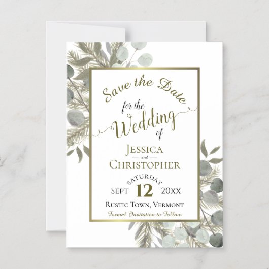 結婚式の日付を保存ゴールデンパイン&緑 マグネット招待状 (正面)