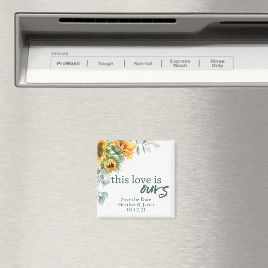 結婚式の日付を保存サンフラワーとユーカリ マグネット (インサイチュ (食洗機))