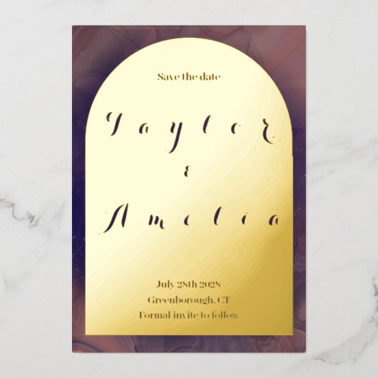 結婚式の日付を保存パープルボホアーチ実在 箔招待状 (正面)