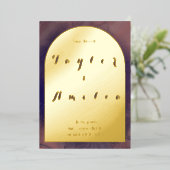 結婚式の日付を保存パープルボホアーチ実在 箔招待状 (立ち正面)