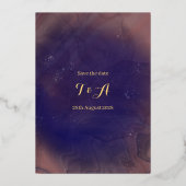 結婚式の日付を保存パープルボホアーチ実在 箔招待状 (裏面)