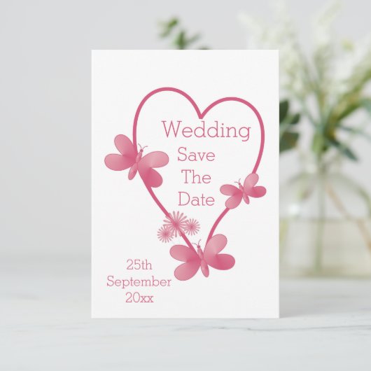 結婚式の日付を保存ピンクのハートと蝶 セーブザデート