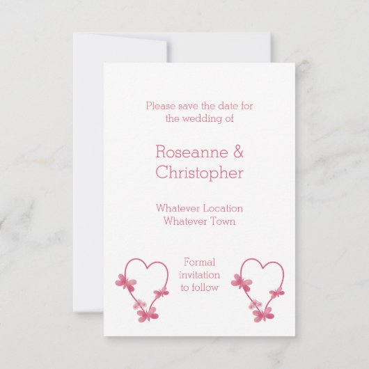 結婚式の日付を保存ピンクのハートと蝶 セーブザデート (裏面)
