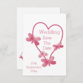 結婚式の日付を保存ピンクのハートと蝶 セーブザデート (正面/裏面)