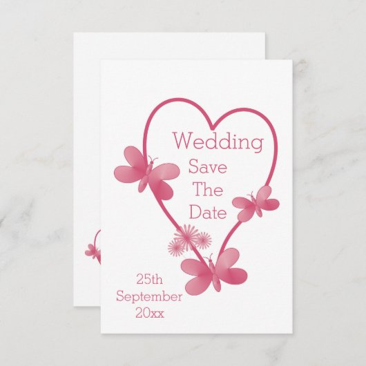 結婚式の日付を保存ピンクのハートと蝶 セーブザデート (正面/裏面)