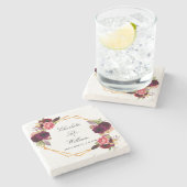 結婚式の日付を保存フローラ幾何学的なブルゴーニュ ストーンコースター (横)