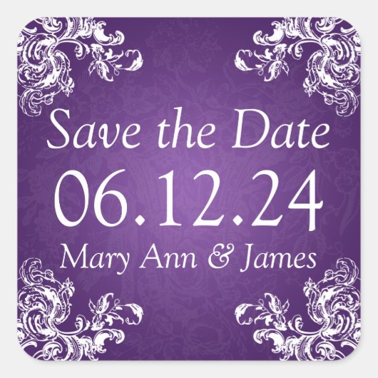 結婚式の日付を保存ヴィンテージ渦巻き2紫 スクエアシール (正面)