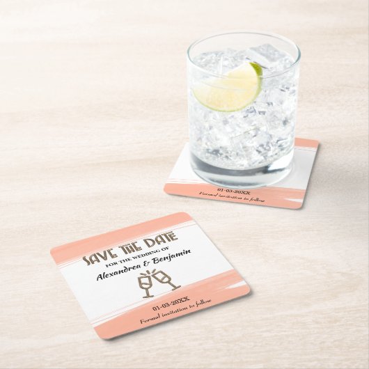 結婚式の日付を保存招待状ピンクのパーソナライズ スクエアペーパーコースター (インサイチュ)