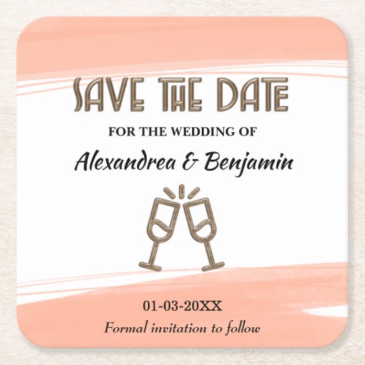 結婚式の日付を保存招待状ピンクのパーソナライズ スクエアペーパーコースター (正面)