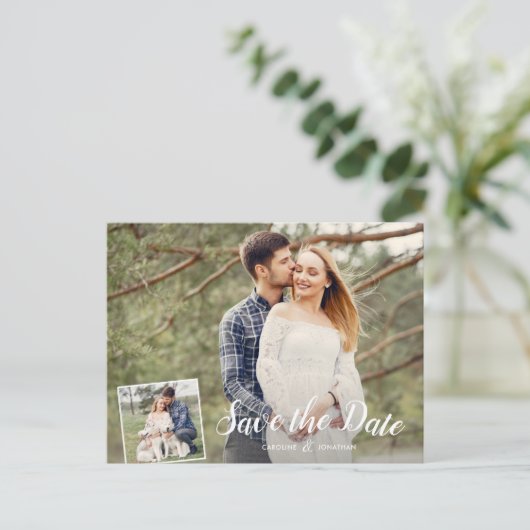 結婚式の日付を保存2写真白い書道 ポストカード (スタンド正面)