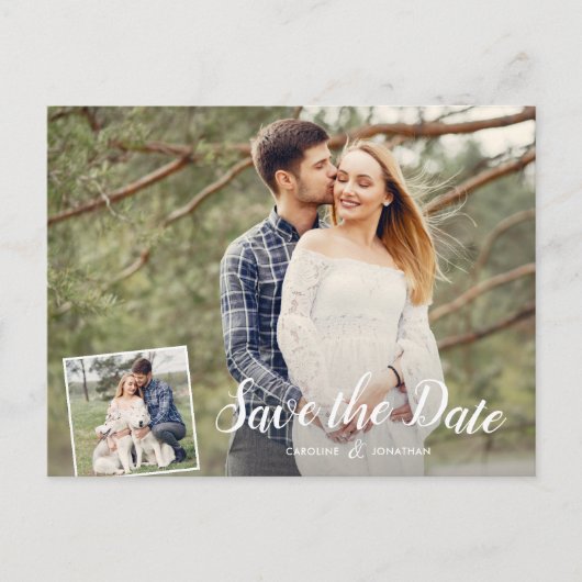 結婚式の日付を保存2写真白い書道 ポストカード (正面)