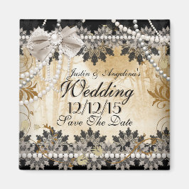 結婚式の日付を保存 ブラック クリーム ベージュ マグネット