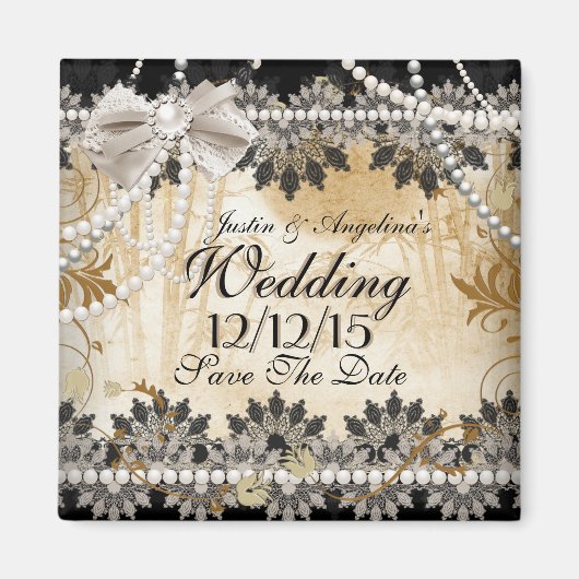 結婚式の日付を保存 ブラック クリーム ベージュ マグネット (正面)