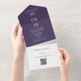 結婚式の日付モノグラムQRコード パープル オールインワン招待状