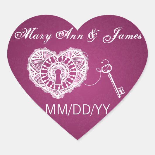結婚式の日付鍵を私のハートピンクベリーに保存 ハートシール (正面)