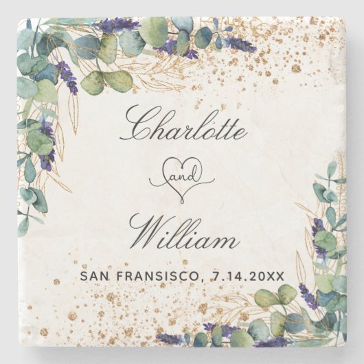 結婚式の日付eucalyptus金ゴールド名を保存 ストーンコースター (正面)