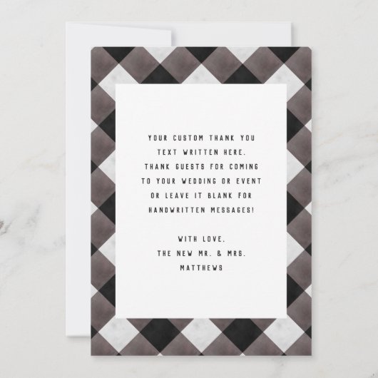 結婚式の日写真と農家のチェックプレイド サンキューカード (裏面)