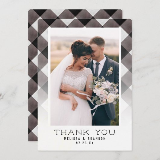 結婚式の日写真と農家のチェックプレイド サンキューカード (正面/裏面)