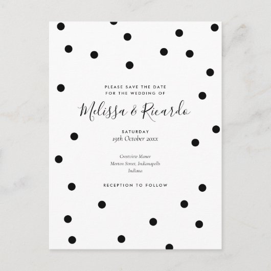 結婚式の日時をお知らせ ブラック&ホワイトのドット ポストカード (正面)