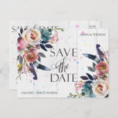 結婚式の日程を保存 | ボホブルー&ミスティバラ 案内ポストカード (正面/裏面)