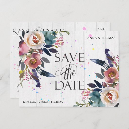 結婚式の日程を保存 | ボホブルー&ミスティバラ 案内ポストカード (正面/裏面)