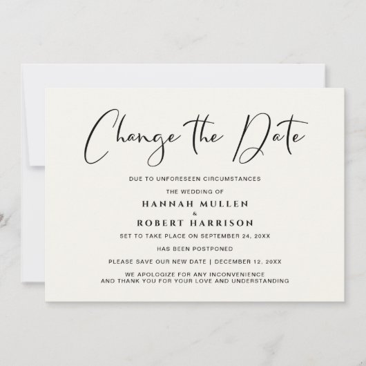 結婚式の日程変更延期 ライトクリーム 案内状 (正面)
